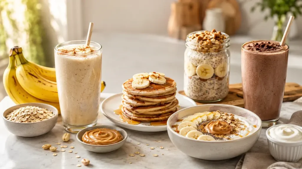 7 protein banana recipes for weight loss featuring banana protein smoothies, pancakes, overnight oats, and Greek yogurt breakfast ideas.