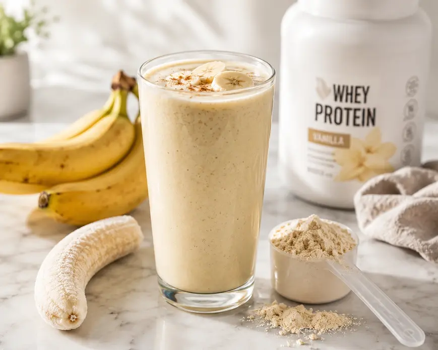 Classic banana protein shake made with frozen banana and vanilla protein powder, a high-protein smoothie recipe for weight loss and breakfast.