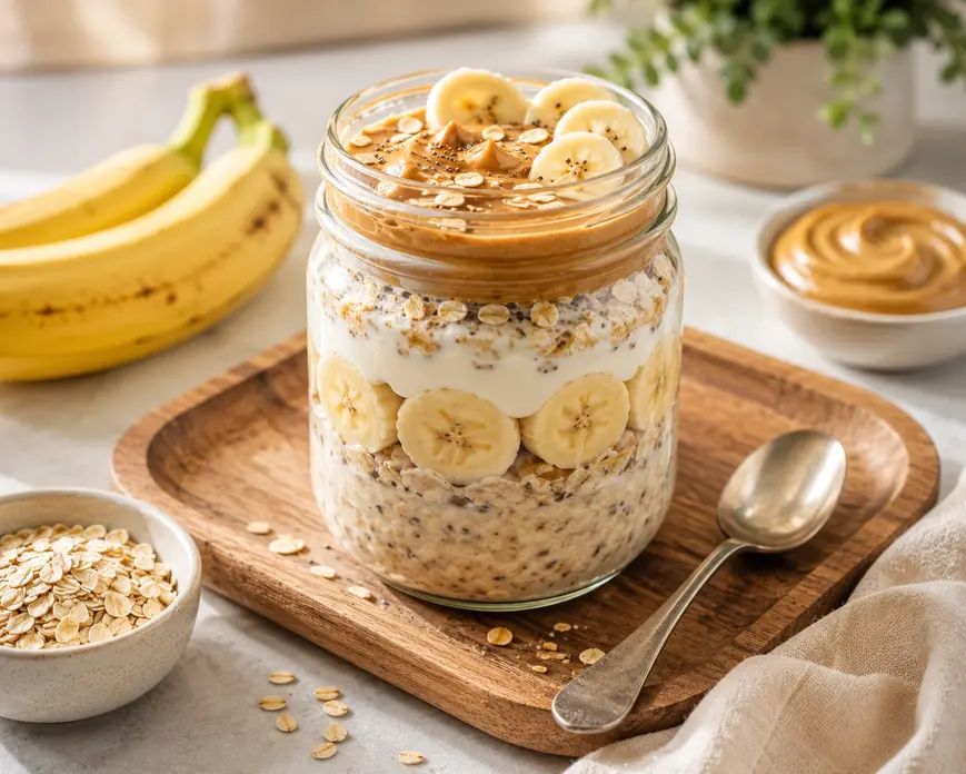 Peanut butter banana overnight oats in a mason jar with Greek yogurt and oats, a high-protein meal prep breakfast recipe for weight loss.