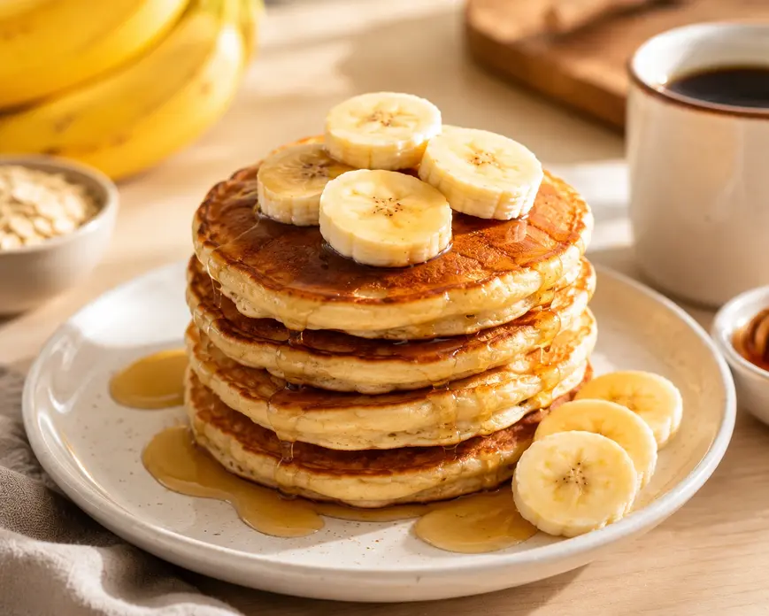 High-protein banana pancakes topped with fresh banana slices and honey, a healthy weight loss breakfast recipe made with eggs and oats.