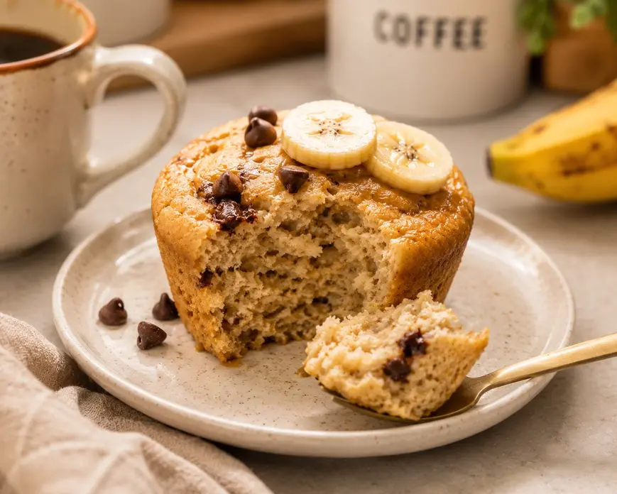 Banana protein mug muffin with a soft fluffy center, a quick high-protein healthy snack recipe for weight loss and breakfast cravings.