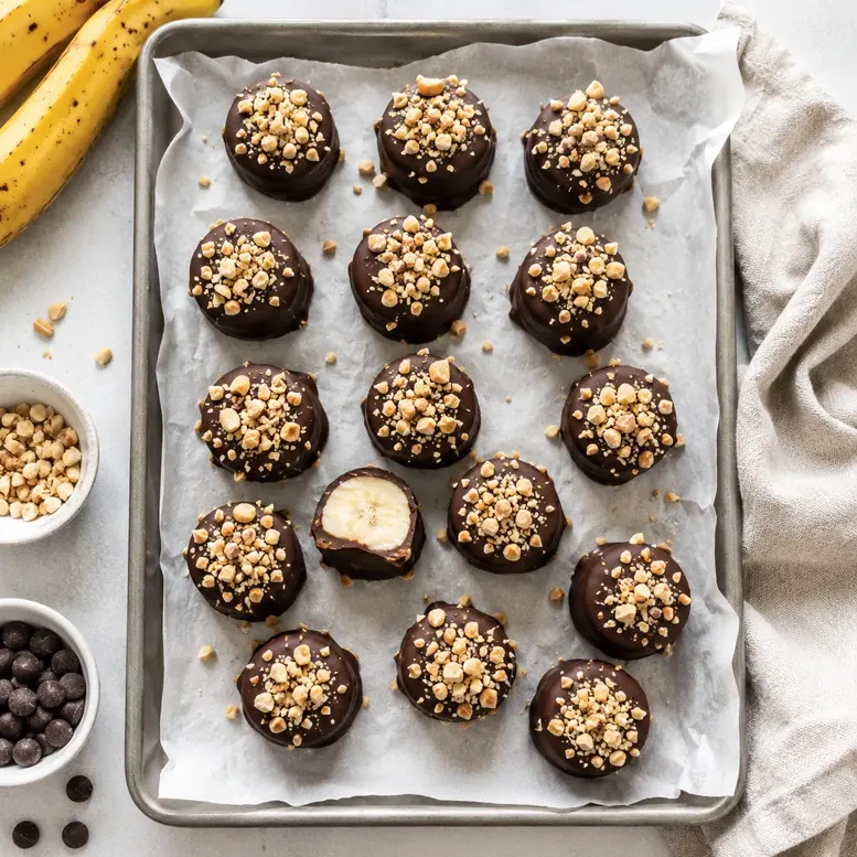 Frozen banana protein bites coated in dark chocolate and chopped nuts, a healthy high-protein snack recipe for weight loss and sweet cravings.