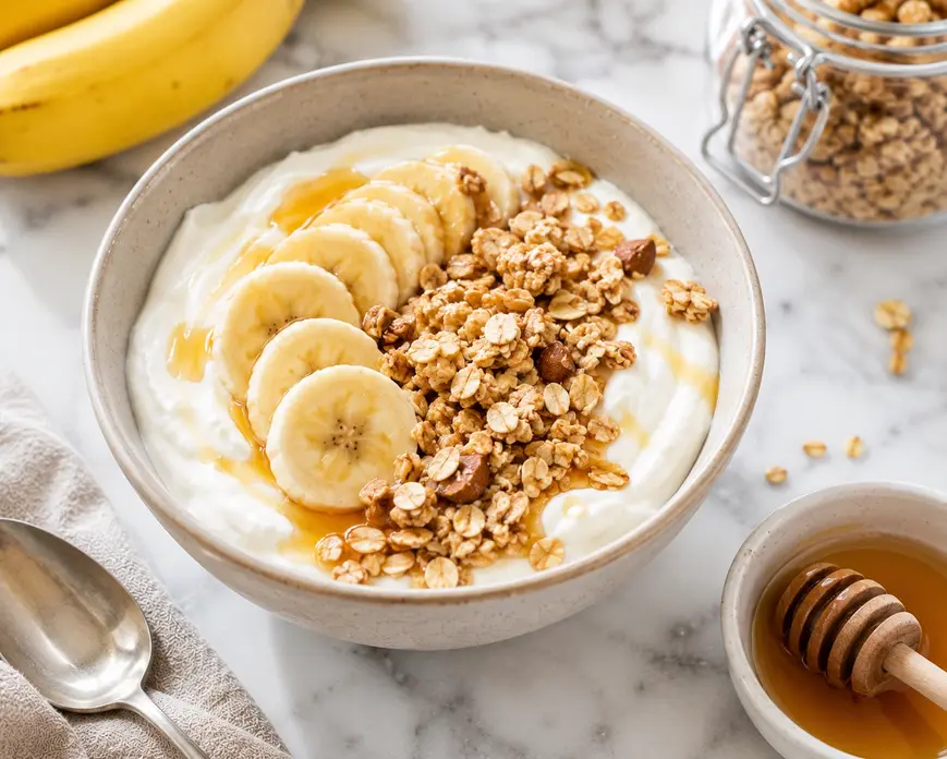 Greek yogurt banana protein bowl topped with granola and honey, a healthy high-protein breakfast recipe for weight loss and meal prep.