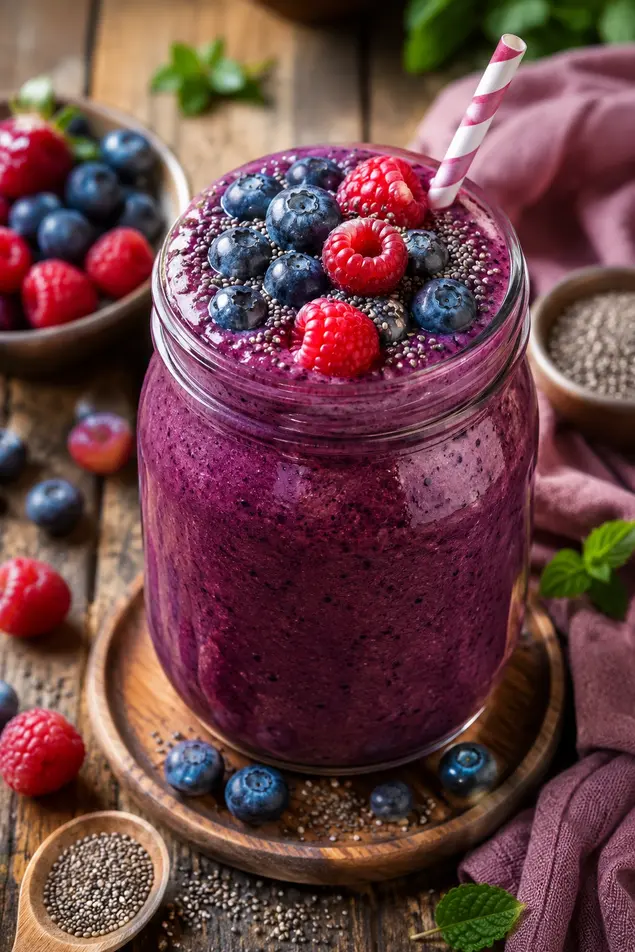 Berry antioxidant smoothie with blueberries, raspberries, and chia seeds in a glass jar on a rustic wooden table