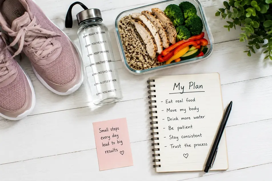 Infographic of a no-gym weight loss plan featuring walking shoes, healthy meal prep, and a fitness journal.