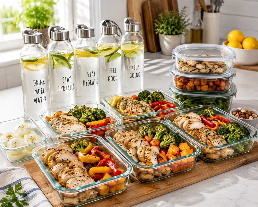 Healthy meal prep containers with grilled chicken, roasted vegetables, boiled eggs and water bottles on a bright kitchen counter for weight loss.