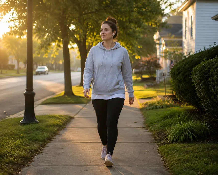 Woman in a modern athletic outfit walking on a quiet neighborhood sidewalk at sunrise, illustrating walking for weight loss and healthy habits.