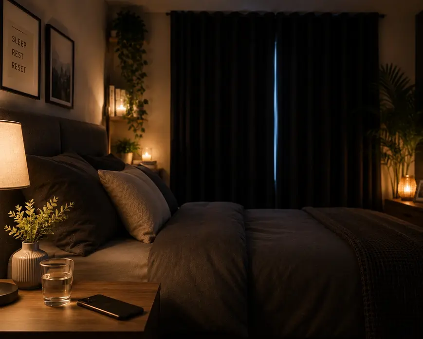 Pinterest infographic showing a cozy sleep-ready bedroom with blackout curtains, phone placed face down, warm lighting, and healthy bedtime routine essentials. 