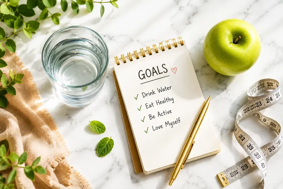 Weight loss tips for beginners featuring water, green apple, measuring tape, and wellness journal on marble surface.
