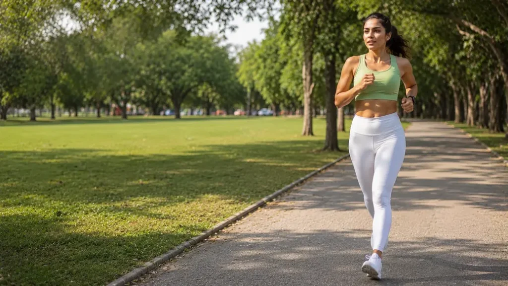 Aur agar aap sab se zyada realistic image chahti hain, to running ki bajaye:woman tying shoelaces before walk
woman crossing a park trail
woman walking with water bottle
woman checking smartwatch during walk