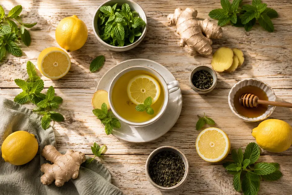 Green tea with lemon slices and fresh mint leaves on a wooden table, promoting healthy drinks, hydration, and weight loss.