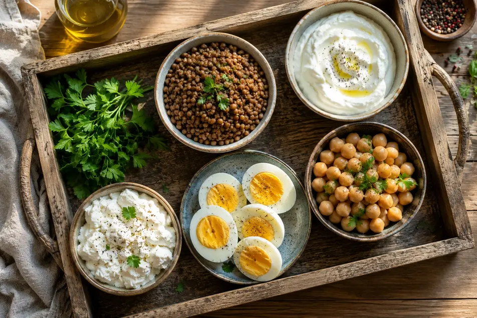 📸 IMAGE PROMPT — Protein Section:
Overhead shot of boiled eggs, a bowl of lentils, chickpeas, and Greek yogurt on a rustic wooden tray, natural daylight, warm earthy tones, clean healthy food photography