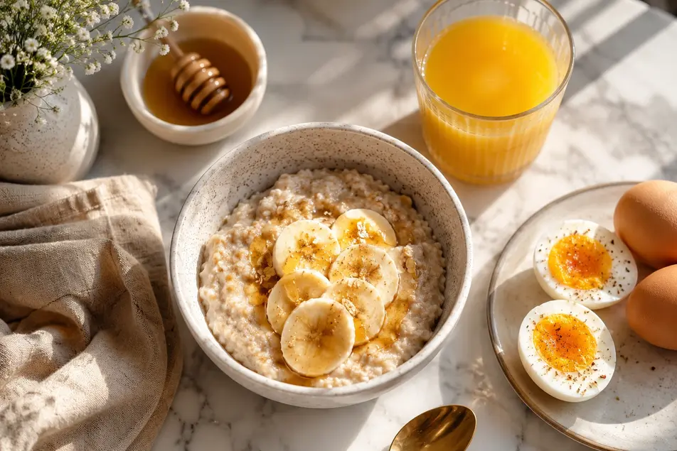 Healthy breakfast flat lay featuring a bowl of oats topped with banana slices and honey, boiled eggs, and a glass of orange juice on a white marble surface in soft morning sunlight.