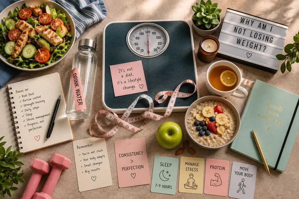 Healthy weight loss flat lay with bathroom scale, nutritious meals, measuring tape, journal, and fitness essentials illustrating common weight loss challenges.