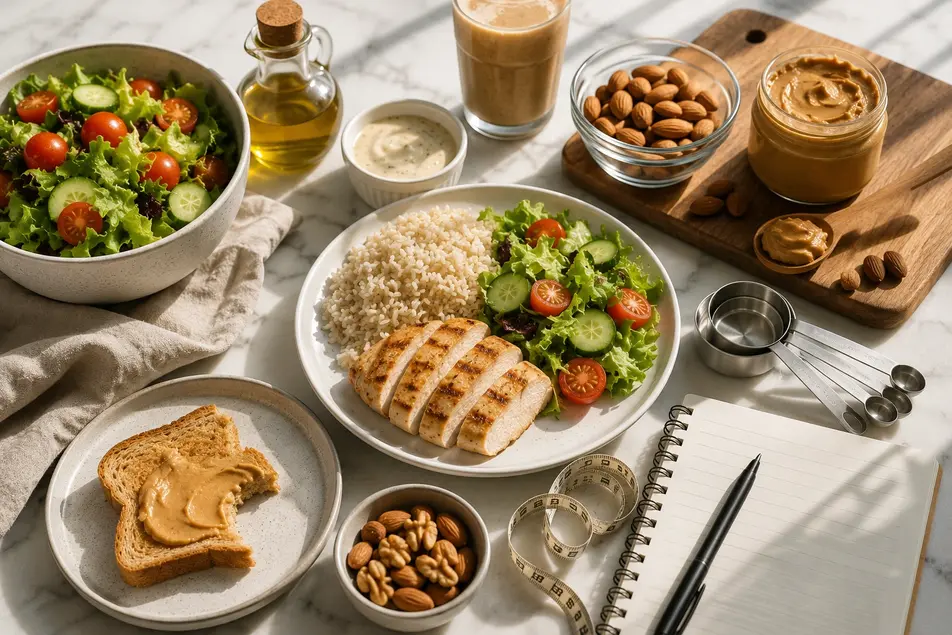 Healthy meal portions with olive oil, nuts, peanut butter, measuring cups, food journal, and tape measure illustrating hidden calories and portion control.