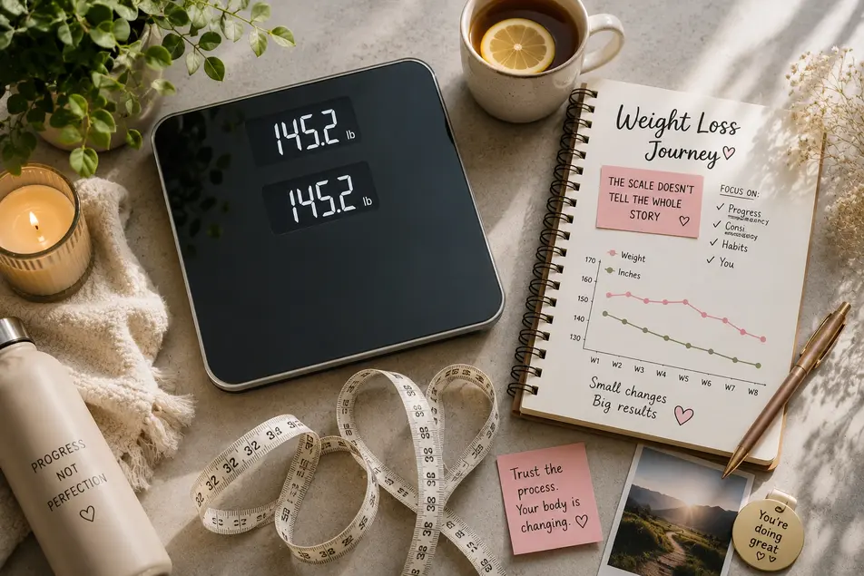 Weight loss plateau flat lay featuring a bathroom scale, measuring tape, wellness journal, and healthy lifestyle essentials on a gray surface.