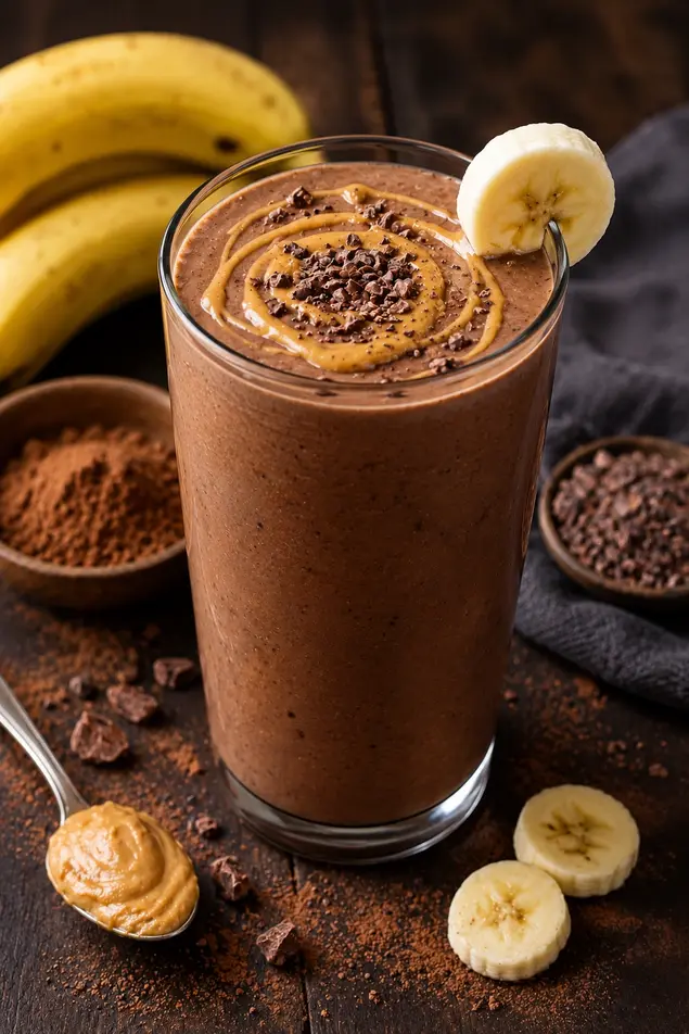 Creamy chocolate banana protein smoothie recipe with peanut butter and cacao for a filling weight loss breakfast