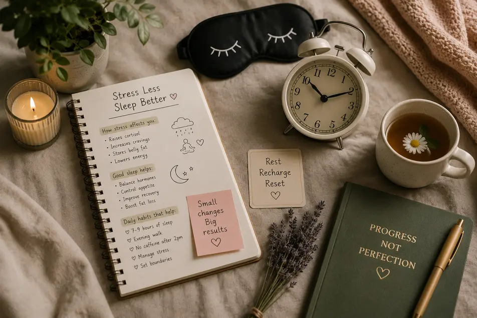 Relaxing bedtime routine with sleep mask, herbal tea, alarm clock, journal, candle, and lavender highlighting stress management for weight loss.