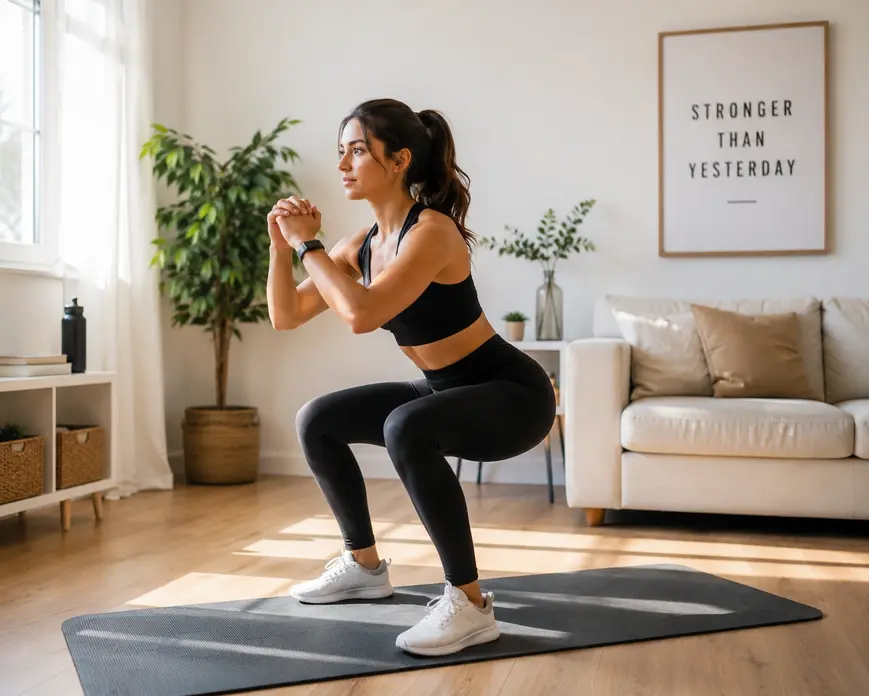 Woman performing bodyweight squats at home in a bright living room, demonstrating strength training to overcome a weight loss plateau.