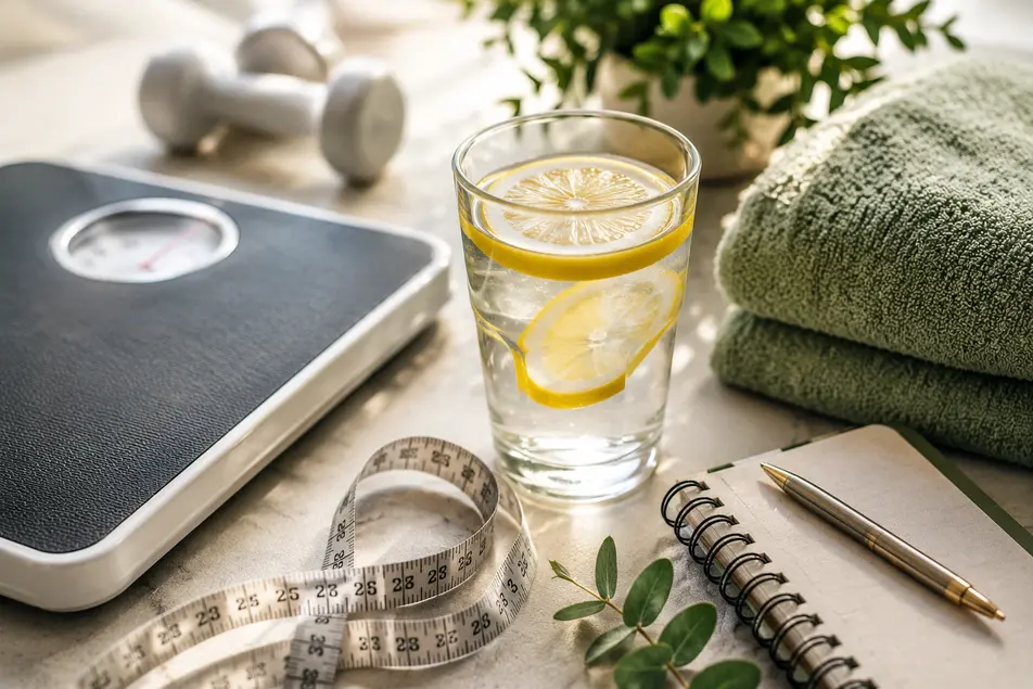 Bathroom scale, lemon water, measuring tape, towel, and wellness essentials illustrating water retention and temporary weight fluctuations.