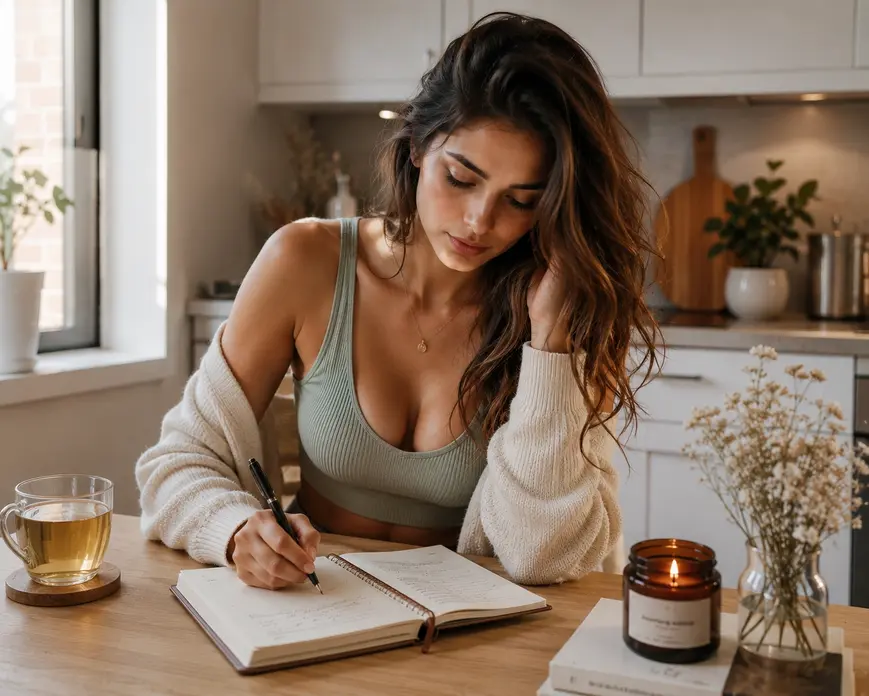 Woman journaling with herbal tea at a cozy kitchen table, illustrating mindful eating habits and emotional eating awareness for healthy weight loss.