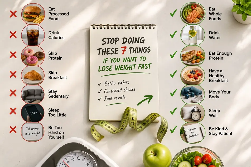 Infographic showing 7 bad habits to stop for fast weight loss, including processed foods, sugary drinks, poor sleep, and healthier lifestyle alternatives.