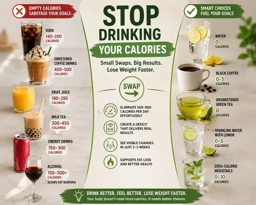 Infographic comparing high-calorie drinks with healthy beverage swaps to help you stop drinking your calories and lose weight fast.