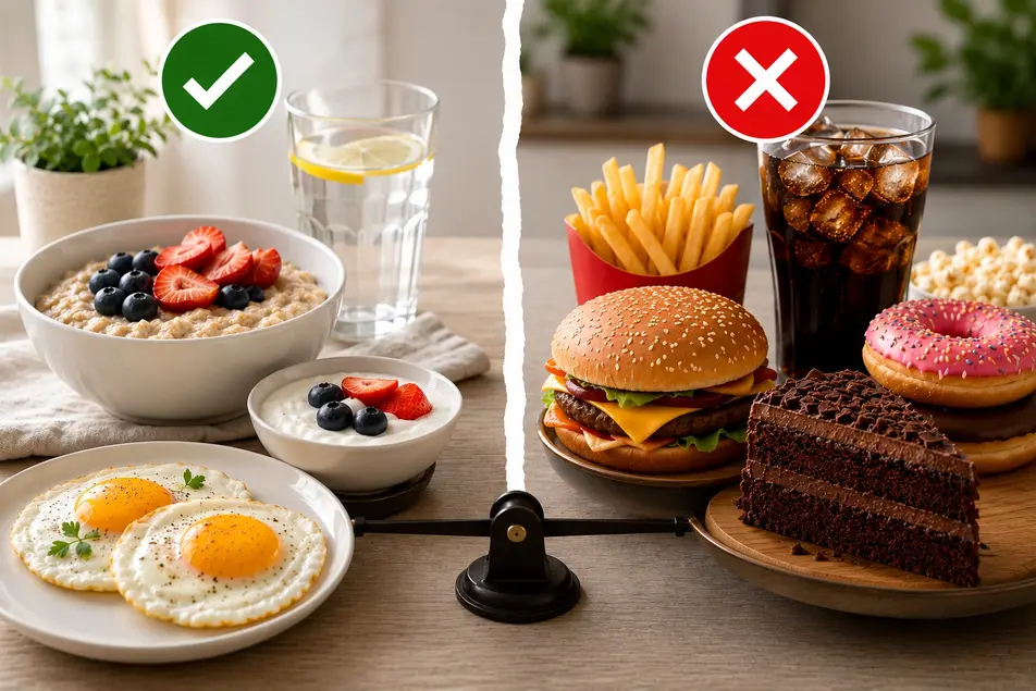 Healthy breakfast with eggs, oats, yogurt and water compared to junk food, showing why skipping breakfast can make it harder to lose weight fast.