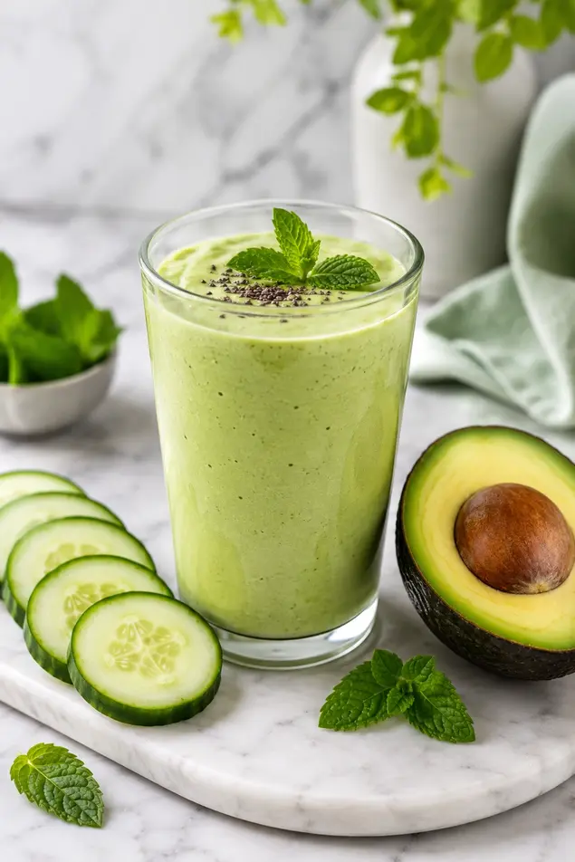 Avocado green detox smoothie recipe with cucumber, mint, and healthy fats for weight loss and wellness.