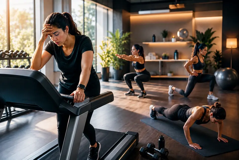 Person doing cardio on a treadmill while others perform strength training in a modern gym, highlighting the benefits of combining cardio and resistance exercise.
