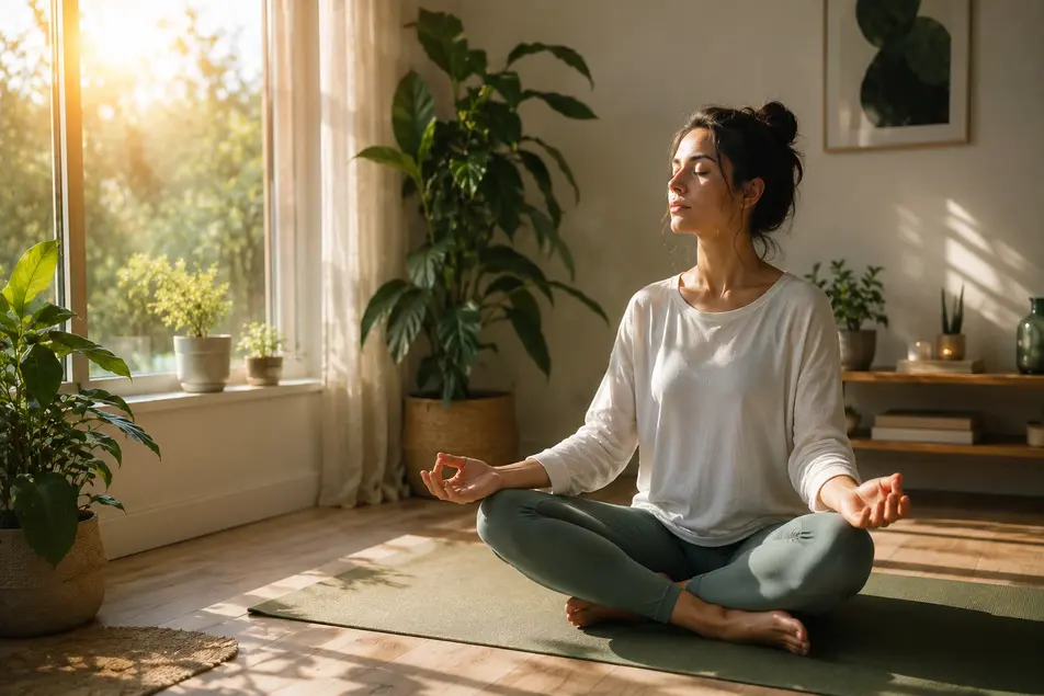 Woman meditating on a yoga mat by a sunny window with indoor plants, promoting stress relief, mindfulness, mental wellness, and healthy living.