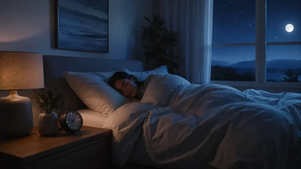 Girl sleeping peacefully in a modern bedroom at night, highlighting healthy sleep habits, better recovery, weight loss, and overall wellness. (138 characters)