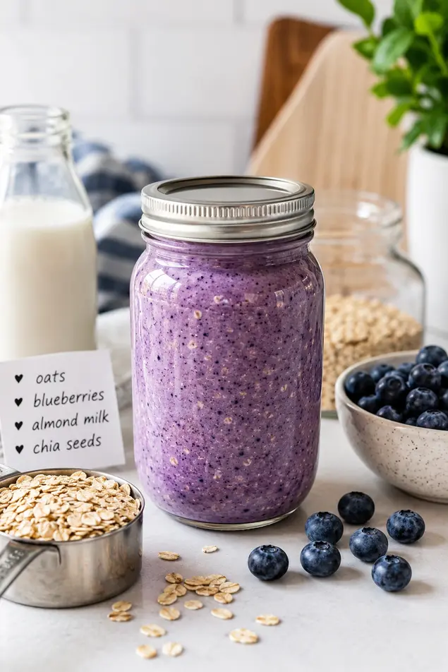 Oat and blueberry overnight smoothie in a mason jar with rolled oats, fresh blueberries, and almond milk on a clean kitchen counter