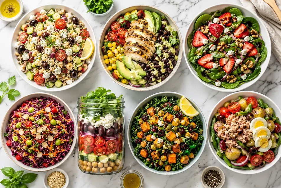 Salad recipes for weight loss with seven colorful healthy salad bowls on a white marble table.