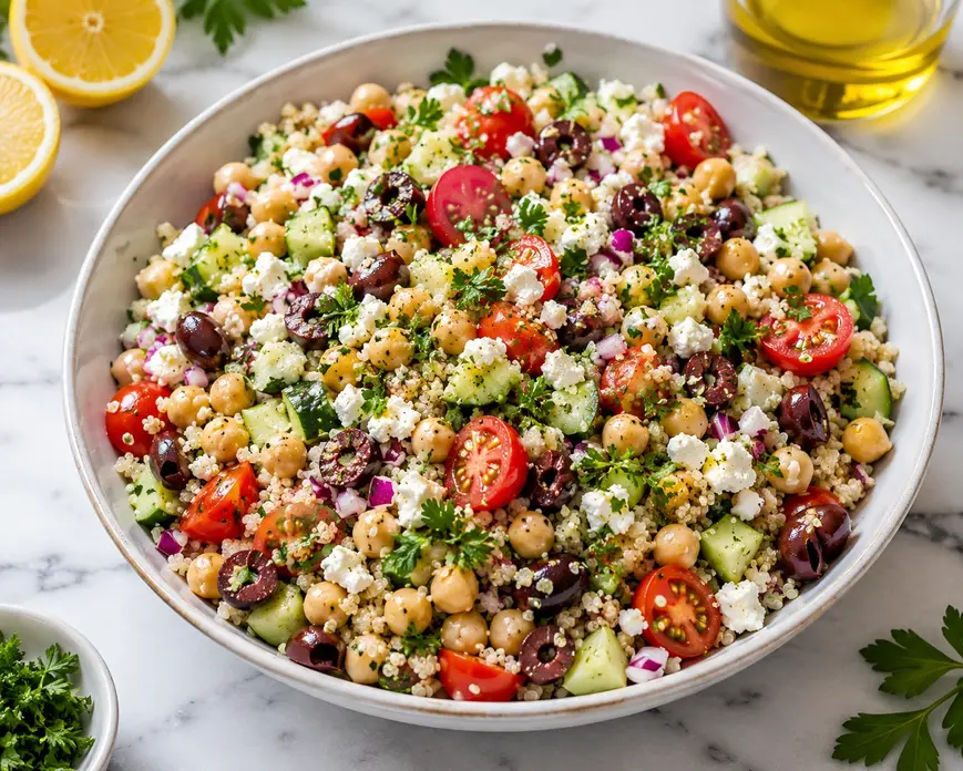 Mediterranean quinoa salad with chickpeas, cucumber, cherry tomatoes, olives, feta cheese, and lemon vinaigrette.