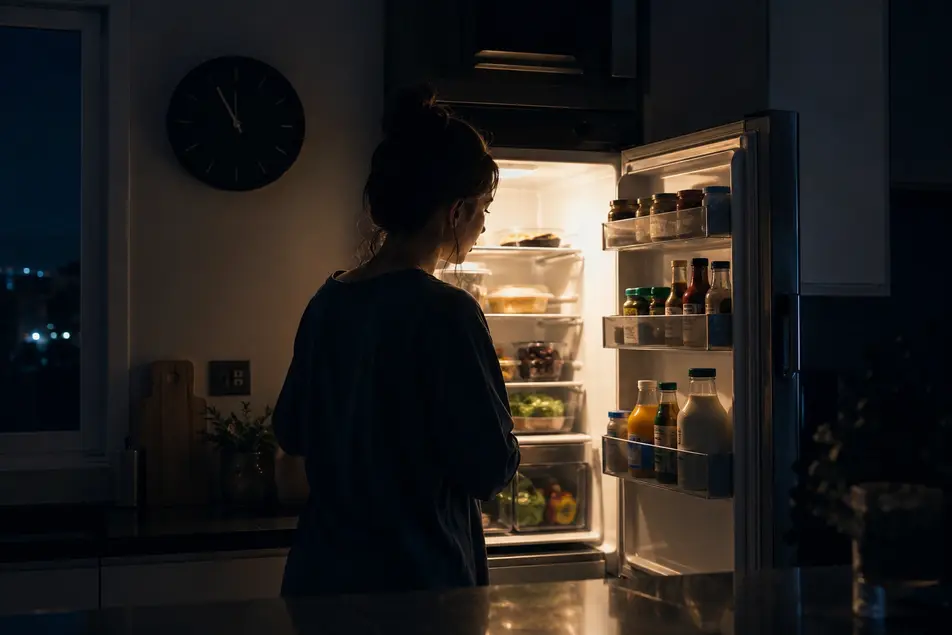 Person looking inside a stocked refrigerator at night in a dark kitchen, illustrating late-night snacking, healthy eating habits, and weight loss.