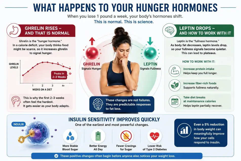 Infographic explaining ghrelin, leptin, and insulin sensitivity during weight loss, showing how losing 1 pound a week affects hunger hormones. 