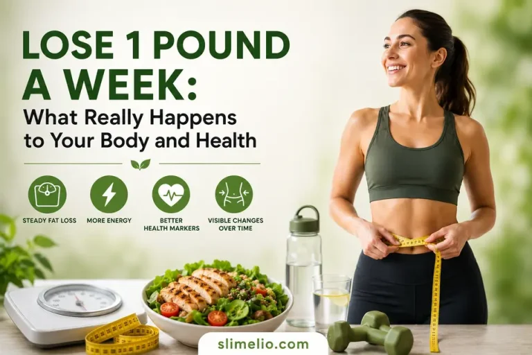 Woman measuring her waist beside healthy food and fitness equipment, illustrating what happens when you lose 1 pound a week through sustainable weight loss.
