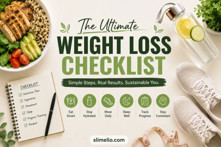 Ultimate weight loss checklist featuring healthy food, water bottle, sneakers, and habit tracker to help beginners build sustainable healthy habits.