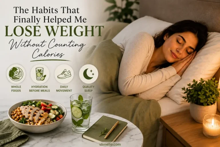 Healthy lifestyle featuring whole foods, hydration, quality sleep, and daily habits that help you lose weight without counting calories.
