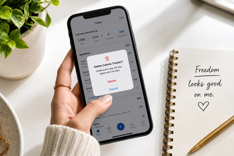 Hand deleting a calorie tracking app on a smartphone, symbolizing freedom from calorie counting for sustainable and healthy weight loss.
