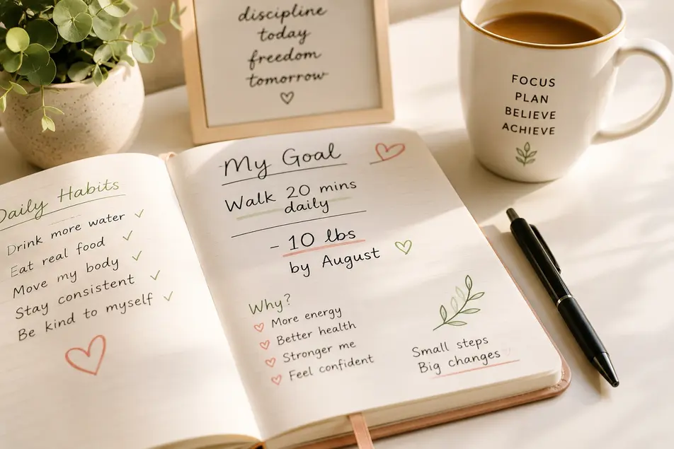 Open journal with handwritten weight loss goals, coffee, and a small plant on a bright desk, showing mindful planning for healthy weight loss success.