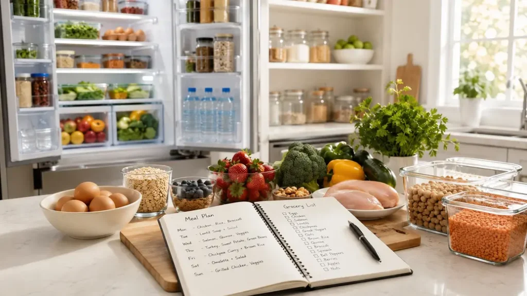 Organized healthy kitchen with fresh groceries, meal plan, and nutritious foods on the counter, showing how to prepare your home for successful weight loss.