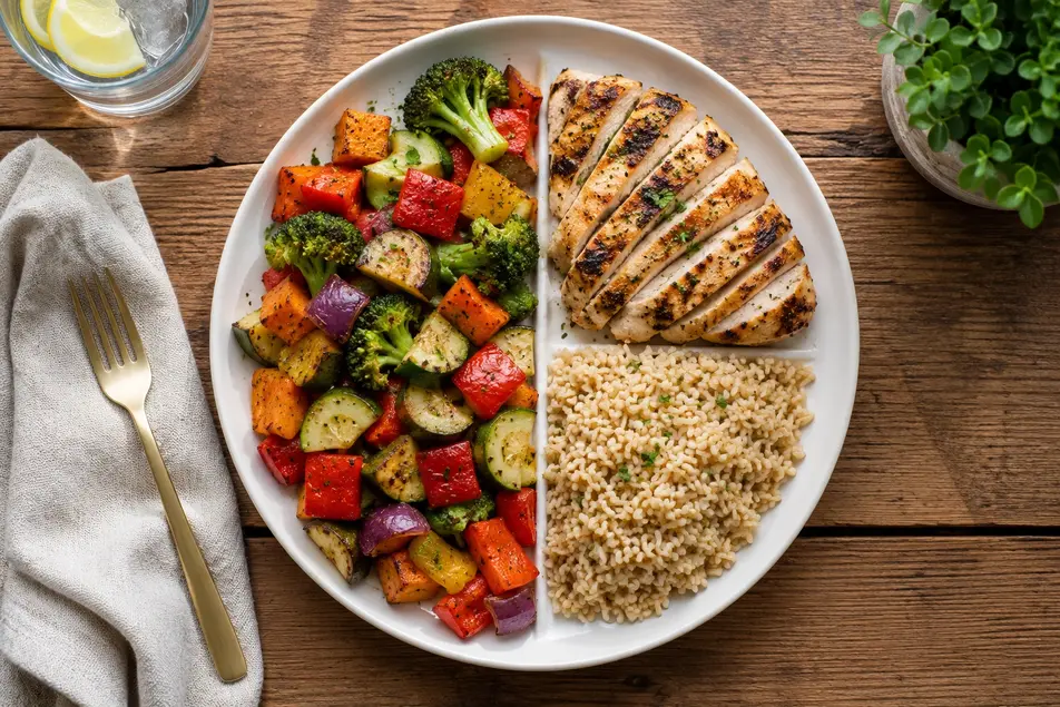 Balanced weight loss dinner plate with grilled chicken, brown rice, and colorful roasted vegetables, showing healthy portion control for sustainable eating.