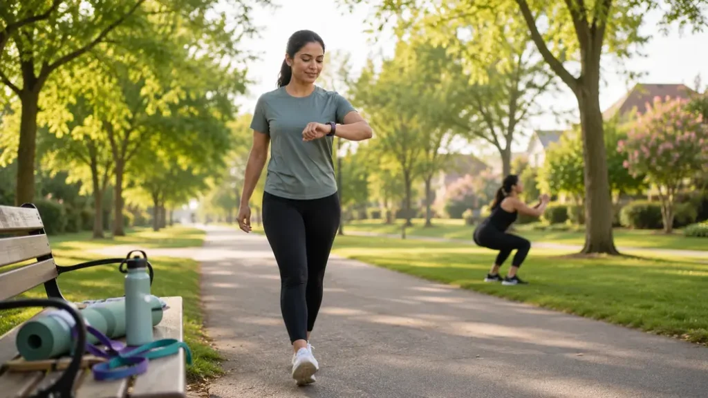 Beginner walking in a park with simple bodyweight exercise equipment, highlighting daily movement and healthy habits for sustainable weight loss.