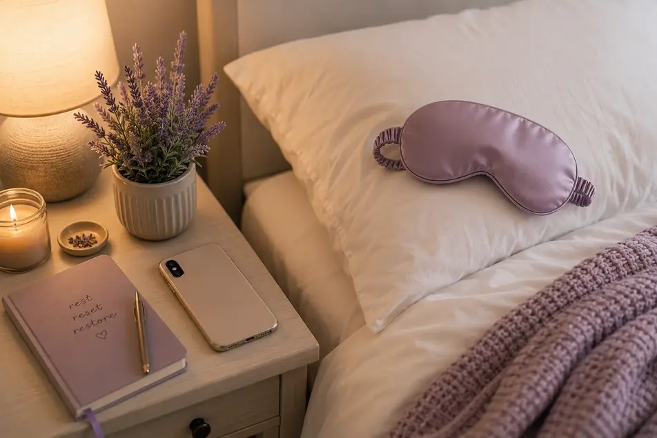 Cozy bedroom with a white pillow, sleep mask, lavender plant, and phone placed face down, promoting healthy sleep habits for better weight loss.