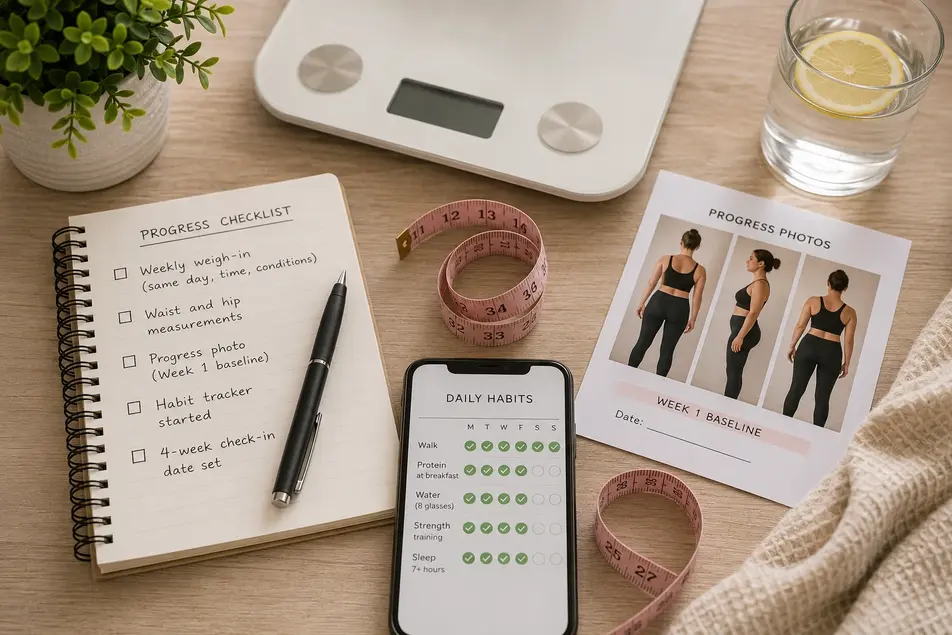 Weight loss progress tracker with a scale, measuring tape, habit tracker, and weekly checklist, helping beginners monitor healthy weight loss.