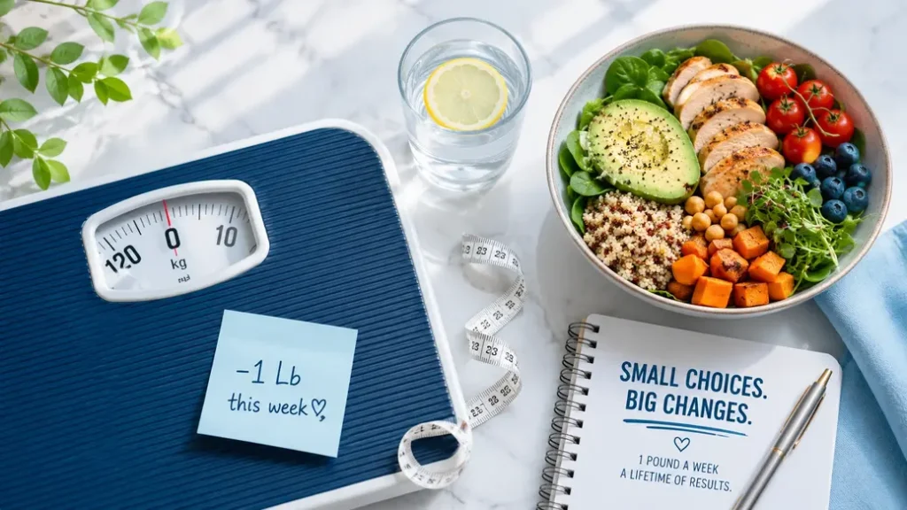 Healthy weight loss concept featuring a scale, colorful whole foods, water, and measuring tape, showing what happens when you lose 1 pound a week.