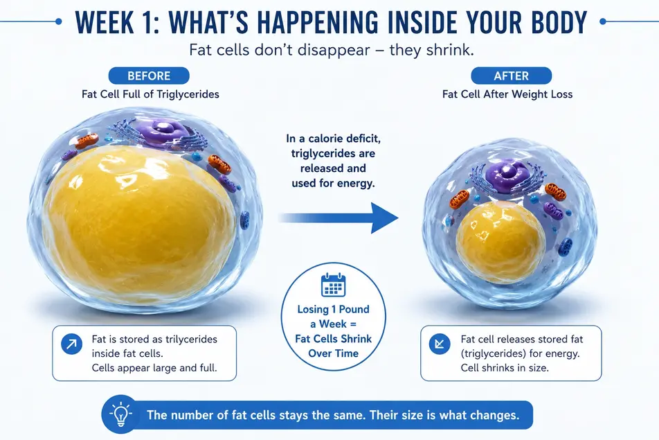Scientific infographic showing a large fat cell shrinking after weight loss, explaining how losing 1 pound a week reduces fat cell size without reducing fat cell number.
