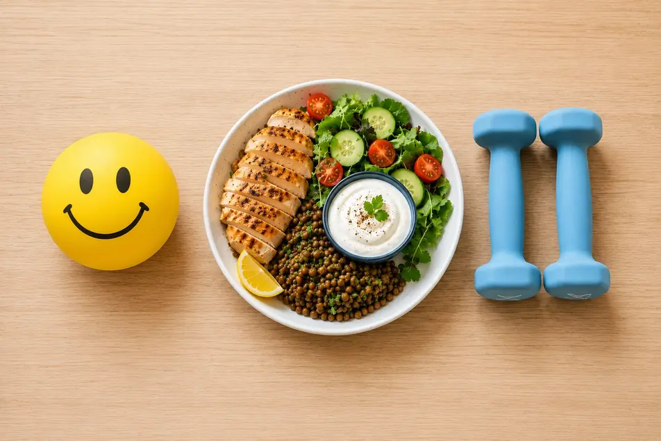 Protein-rich meal with grilled chicken, lentils, Greek yogurt, vegetables, and dumbbells illustrating how nutrition and strength training support metabolism.